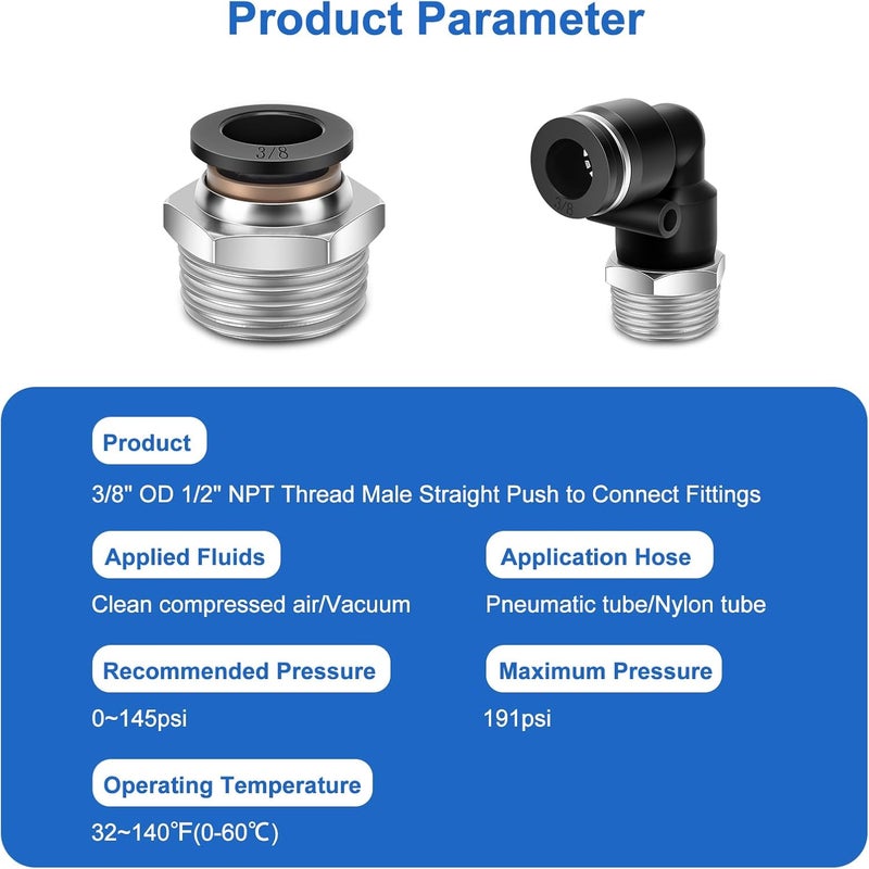 cnaodun 12 Pcs Push to Connect Fittings 3/8 Inch Tube OD x 1/2 Inch NPT Thread Pneumatic Male Straight and Elbow Quick Connect Air line fittings - Image 2